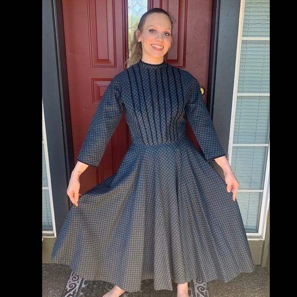 1950s L’AIGLON Dress Blue Mid Century Classic Dress Cotton Fit and Flare Large - Picture 3 of 9